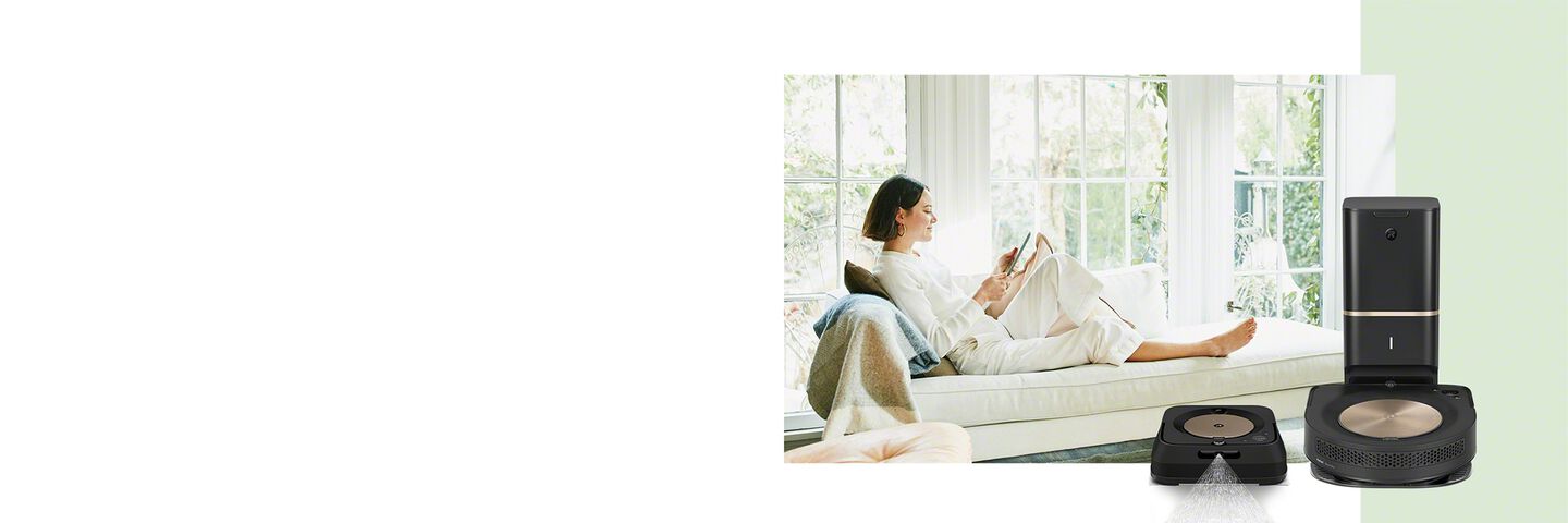 woman reading on sofa m6 robot mop s9 robot vacuum